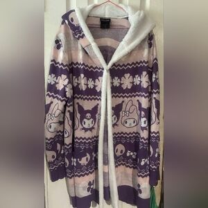 Sanrio Purple and Light Pink Hooded Plush-Trim Cardigan